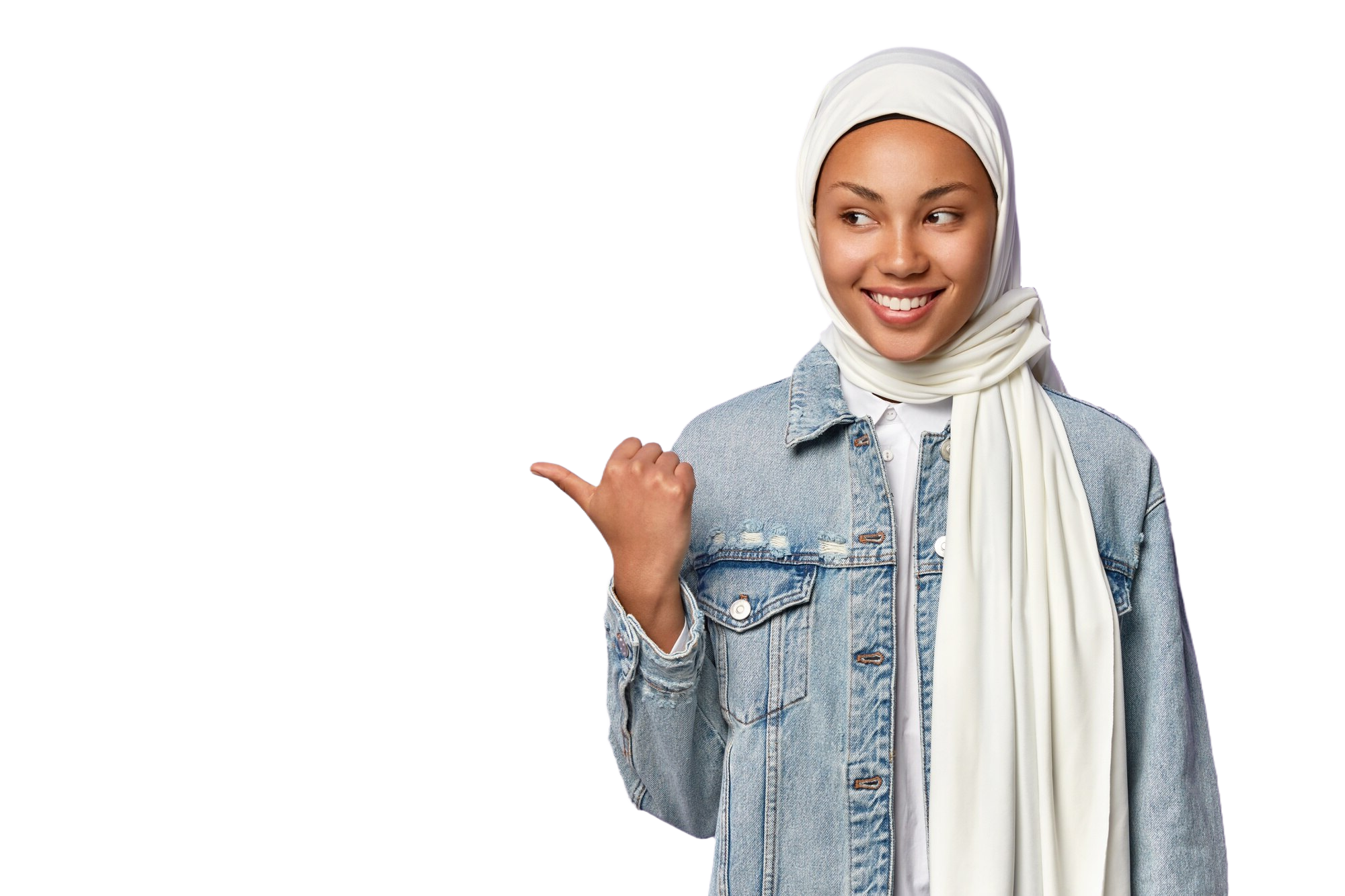 Happy pleasant looking young muslim female shares cool promotion you points away